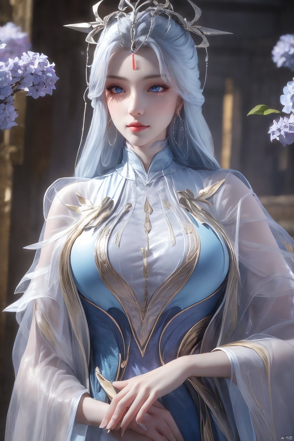 masterpiece,(best quality),official art,extremely detailed cg 8k wallpaper,(extremely delicate and beautiful),solo,realistic,photo_\(medium\),chinese clothes,blue dress,1girl,solo,blue eyes,earrings,mole,white hair,armor,crown,mole under eye,,Xningyudie,(big_breasts:1.29), Yunxiao_Fairy,X-Hydrangea,Xyupopo,(veil)