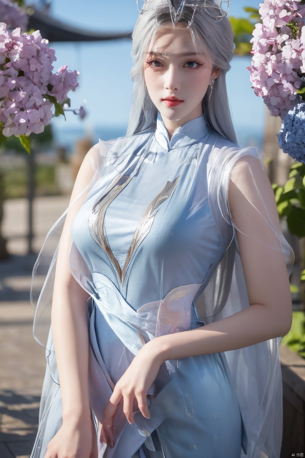 masterpiece,(best quality),official art,extremely detailed cg 8k wallpaper,(extremely delicate and beautiful),solo,realistic,photo_\(medium\),chinese clothes,blue dress,1girl,solo,blue eyes,earrings,mole,white hair,armor,crown,mole under eye,,Xningyudie,(big_breasts:1.29), Yunxiao_Fairy,X-Hydrangea,Xyupopo,(veil:1.23)