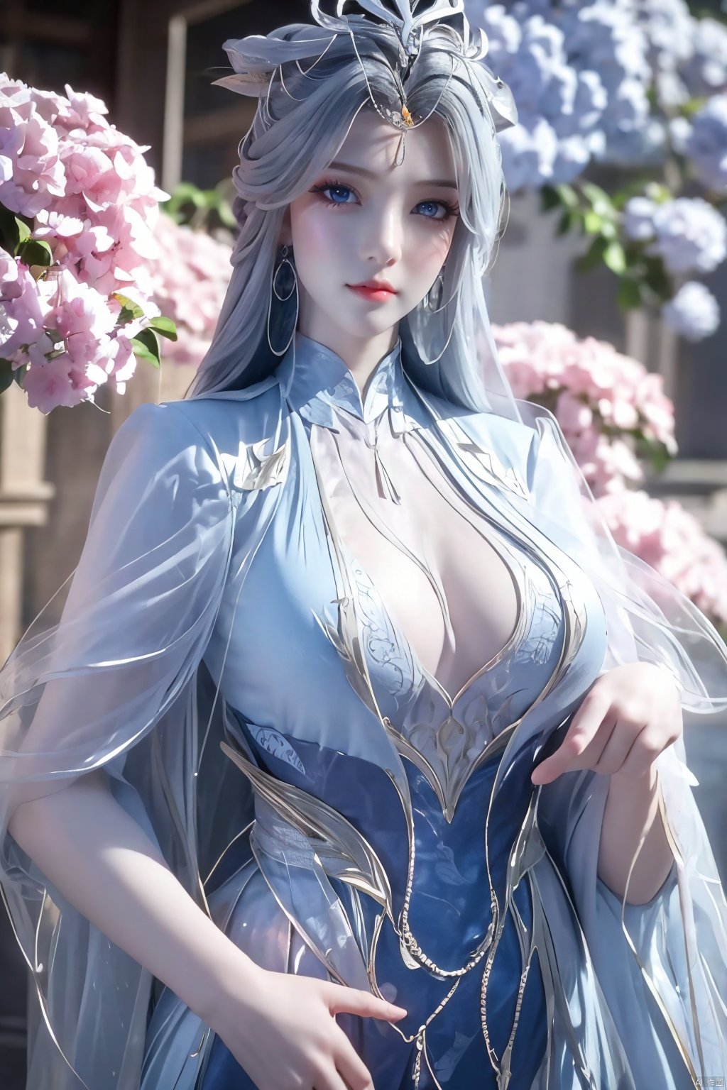 masterpiece,(best quality),official art,extremely detailed cg 8k wallpaper,(extremely delicate and beautiful),solo,realistic,photo_\(medium\),chinese clothes,blue dress,1girl,solo,blue eyes,earrings,mole,white hair,armor,crown,mole under eye,,Xningyudie,(big_breasts:1.29), Yunxiao_Fairy,X-Hydrangea,Xyupopo,(veil:1.23), 1 girl