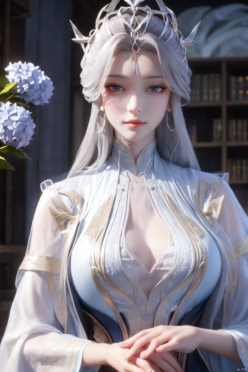 masterpiece,(best quality),official art,extremely detailed cg 8k wallpaper,(extremely delicate and beautiful),solo,realistic,photo_\(medium\),chinese clothes,blue dress,1girl,solo,blue eyes,earrings,mole,white hair,armor,crown,mole under eye,,Xningyudie,(big_breasts:1.29), Yunxiao_Fairy,X-Hydrangea,Xyupopo