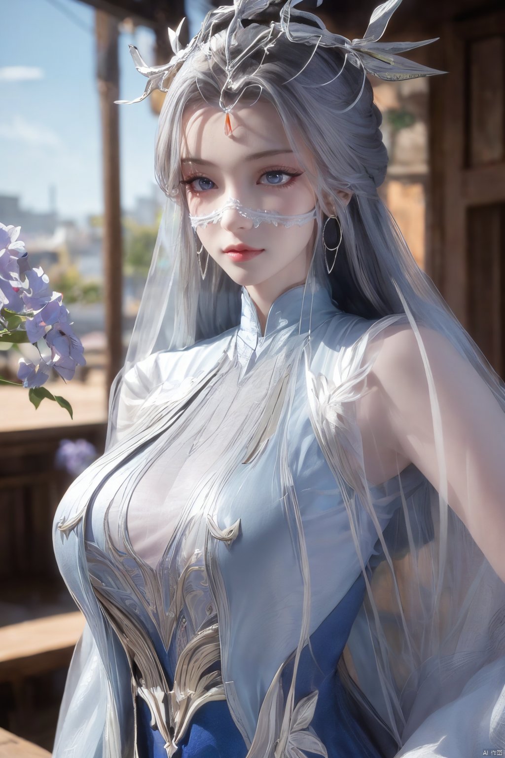 masterpiece,(best quality),official art,extremely detailed cg 8k wallpaper,(extremely delicate and beautiful),solo,realistic,photo_\(medium\),chinese clothes,blue dress,1girl,solo,blue eyes,earrings,mole,white hair,armor,crown,mole under eye,,Xningyudie,(big_breasts:1.29), Yunxiao_Fairy,X-Hydrangea,Xyupopo,(veil:1.23), 1 girl