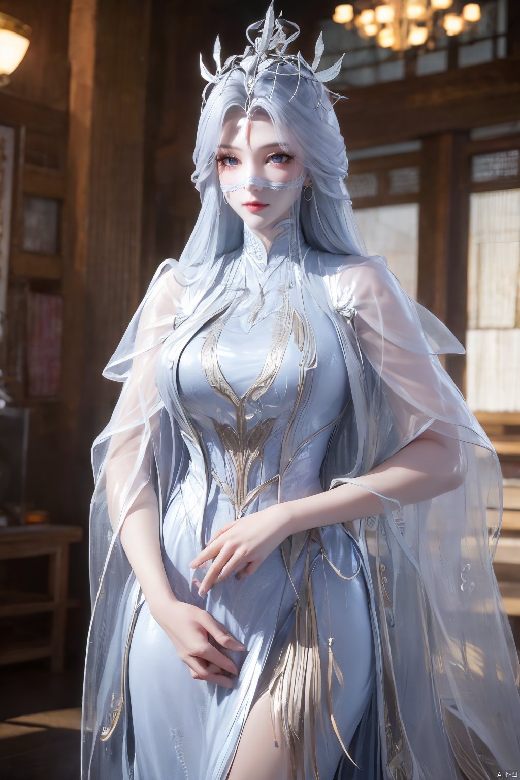 masterpiece,(best quality),official art,extremely detailed cg 8k wallpaper,(extremely delicate and beautiful),solo,realistic,photo_\(medium\),chinese clothes,blue dress,1girl,solo,blue eyes,earrings,mole,white hair,armor,crown,mole under eye,,Xningyudie,(big_breasts:1.29), Yunxiao_Fairy,X-Hydrangea,Xyupopo,Translucent veil