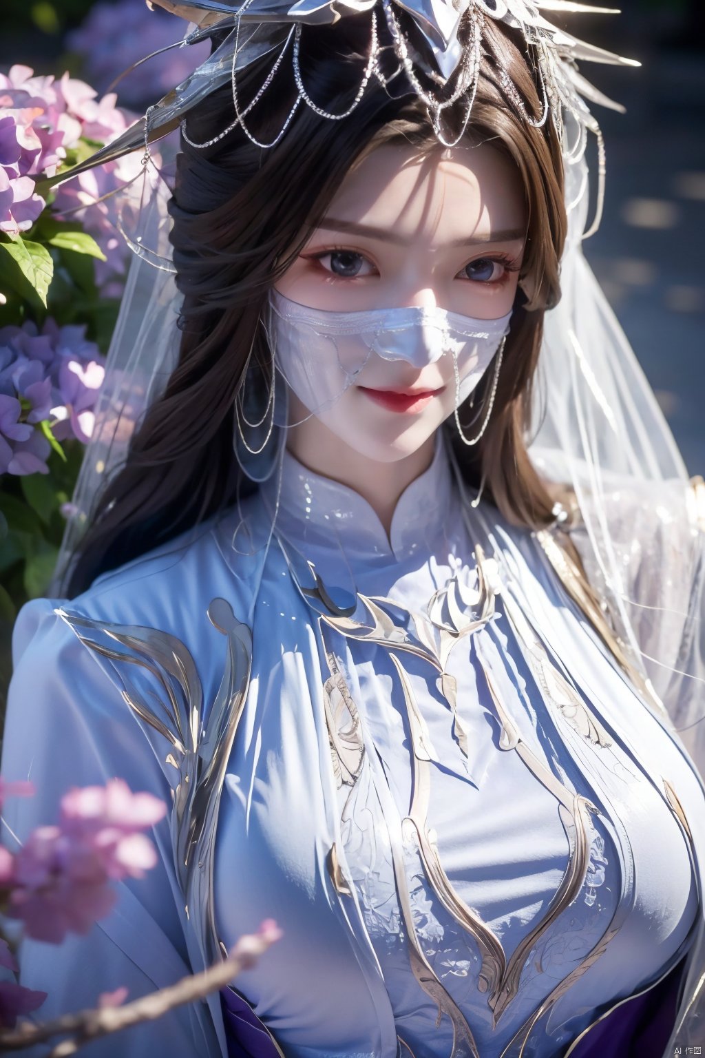 best quality,masterpiece,1girl,solo,long hair,looking at viewer,jewelry,closed mouth,purple eyes,(Veil:1.23),purple hair,(big breasts:1.399), ziling_xianzi,Xyupopo,X-Hydrangea,depth of field