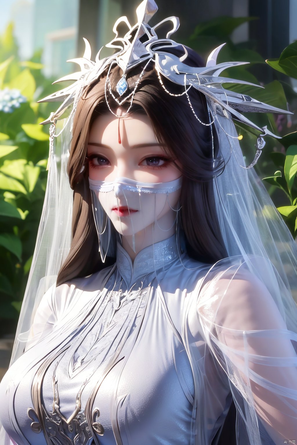 best quality,masterpiece,1girl,solo,long hair,looking at viewer,jewelry,closed mouth,purple eyes,(Veil:1.23),purple hair,(big breasts:1.399), ziling_xianzi,Xyupopo,X-Hydrangea,depth of field