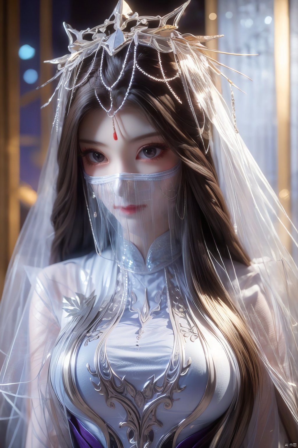 best quality,masterpiece,1girl,solo,long hair,looking at viewer,jewelry,closed mouth,purple eyes,(Veil:1.23),purple hair,(big breasts:1.399), ziling_xianzi,Xyupopo,X-Hydrangea,depth of field