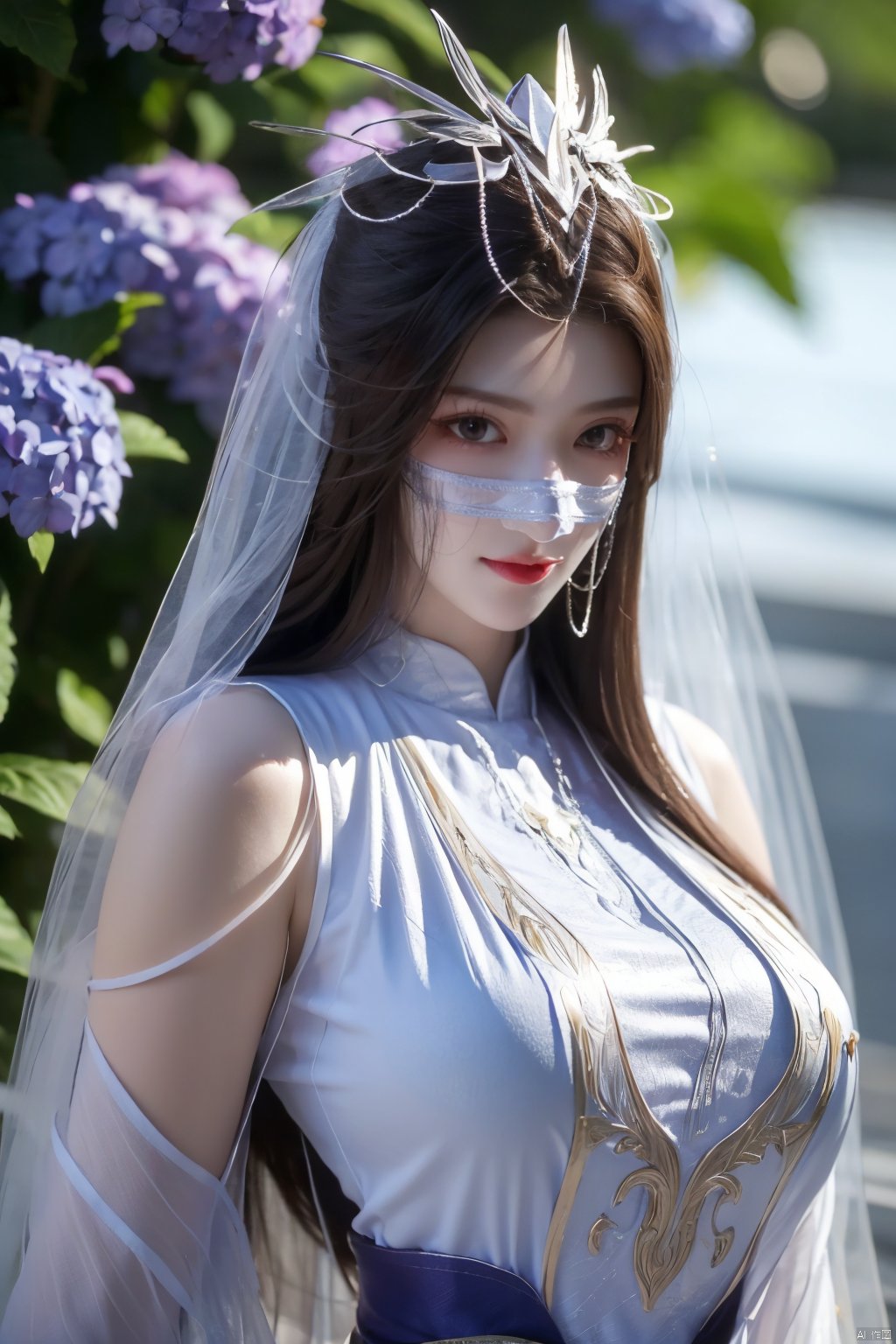 best quality,masterpiece,1girl,solo,long hair,looking at viewer,jewelry,closed mouth,purple eyes,(Veil:1.23),purple hair,(big breasts:1.399), ziling_xianzi,Xyupopo,X-Hydrangea,depth of field