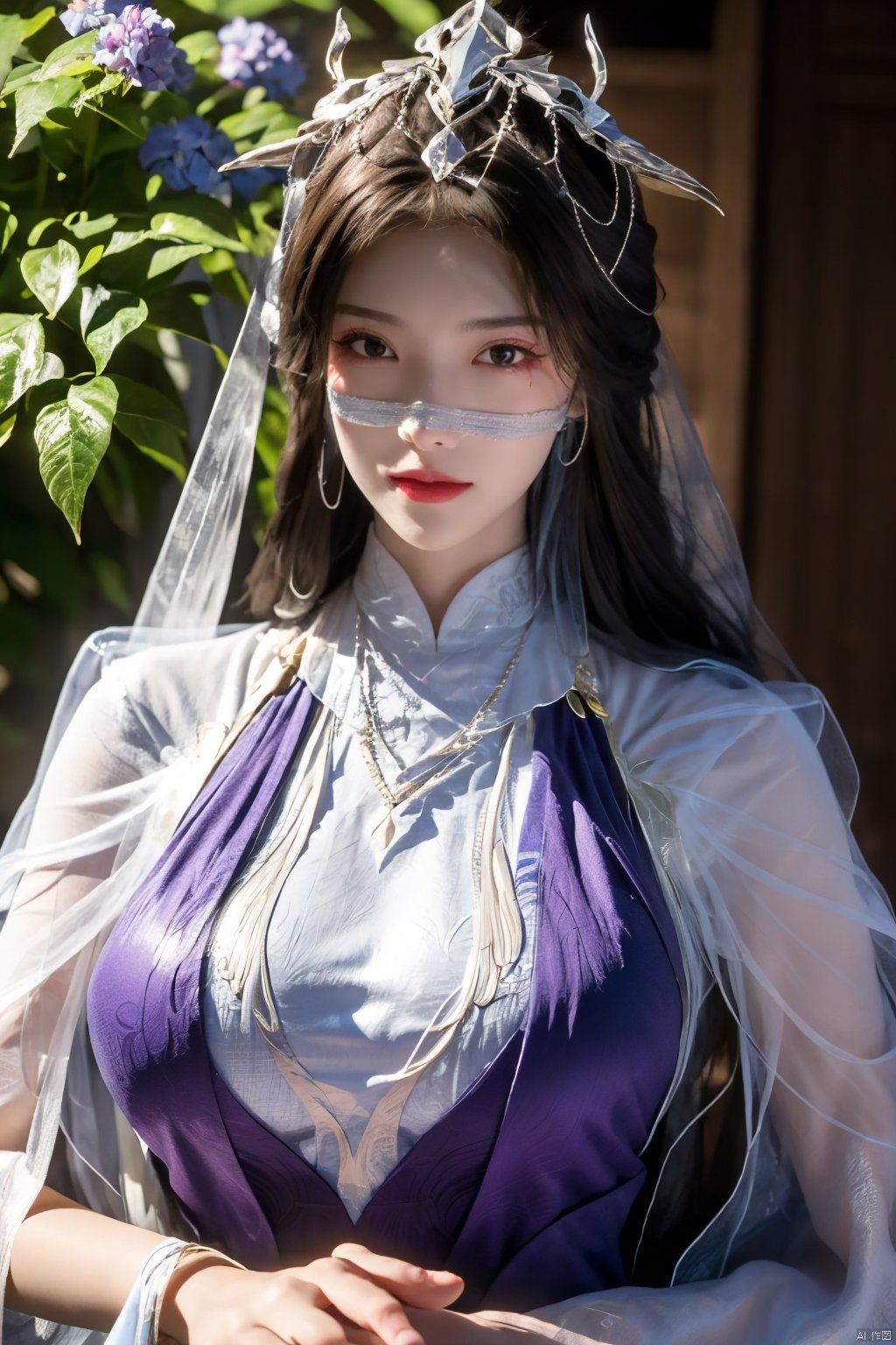 best quality,masterpiece,1girl,solo,long hair,looking at viewer,jewelry,closed mouth,purple eyes,(Veil:1.23),purple hair,(big breasts:1.399), ziling_xianzi,Xyupopo,X-Hydrangea,depth of field