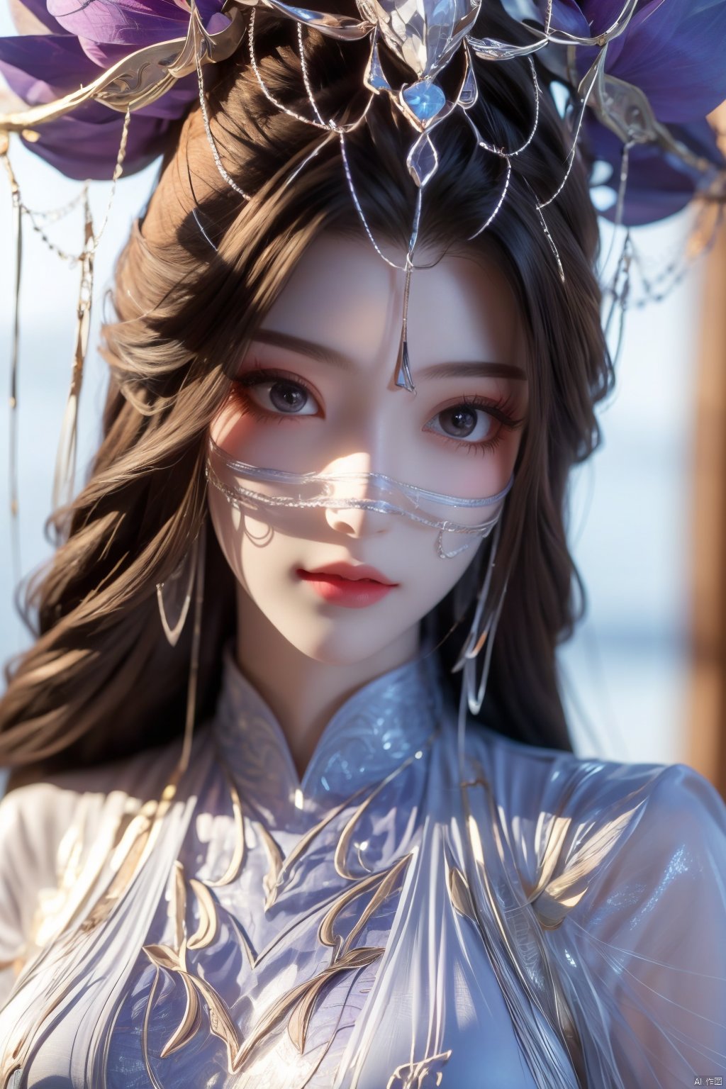 best quality,masterpiece,1girl,solo,long hair,looking at viewer,jewelry,closed mouth,purple eyes,(Veil:1.23),purple hair,(big breasts:1.399), ziling_xianzi,Xyupopo,X-Hydrangea