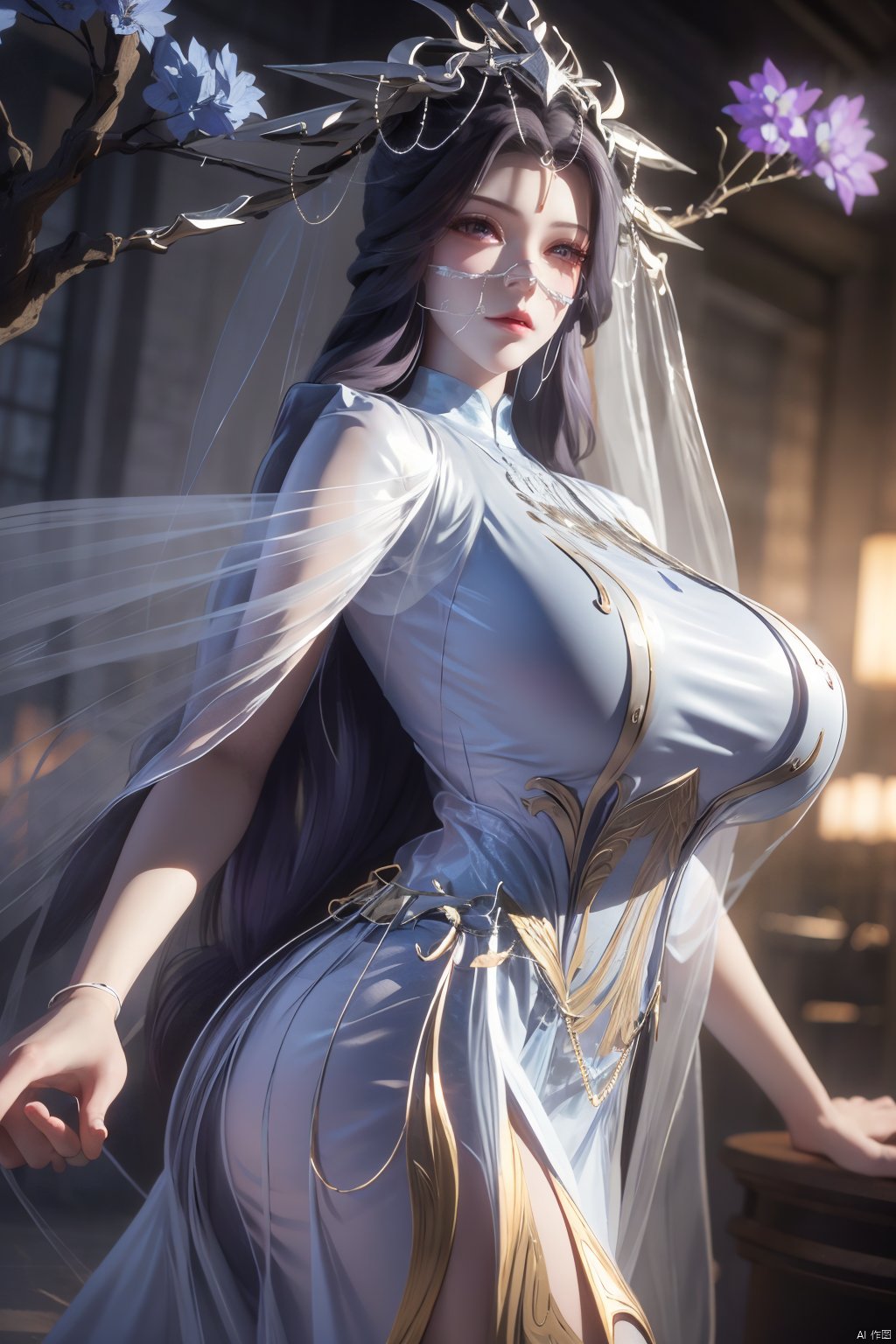 best quality,masterpiece,1girl,solo,long hair,looking at viewer,jewelry,closed mouth,purple eyes,(white Veil:1.23),purple hair,(big breasts:1.399), ziling_xianzi,Xyupopo,X-Hydrangea