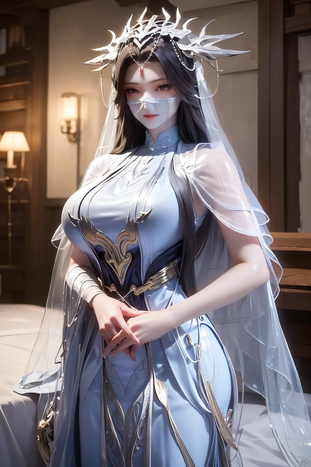 best quality,masterpiece,1girl,solo,long hair,looking at viewer,jewelry,closed mouth,purple eyes,(white Veil:1.23),purple hair,(big breasts:1.399), ziling_xianzi,Xyupopo,X-Hydrangea