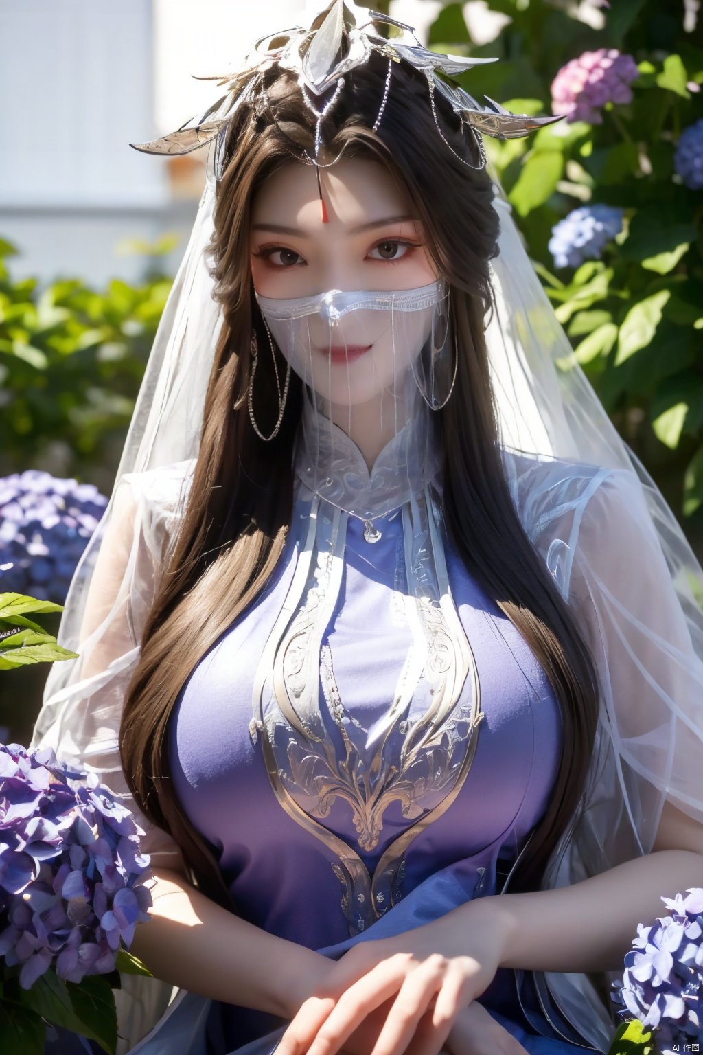 best quality,masterpiece,1girl,solo,long hair,looking at viewer,jewelry,closed mouth,purple eyes,(Veil:1.23),purple hair,(big breasts:1.399), ziling_xianzi,Xyupopo,X-Hydrangea