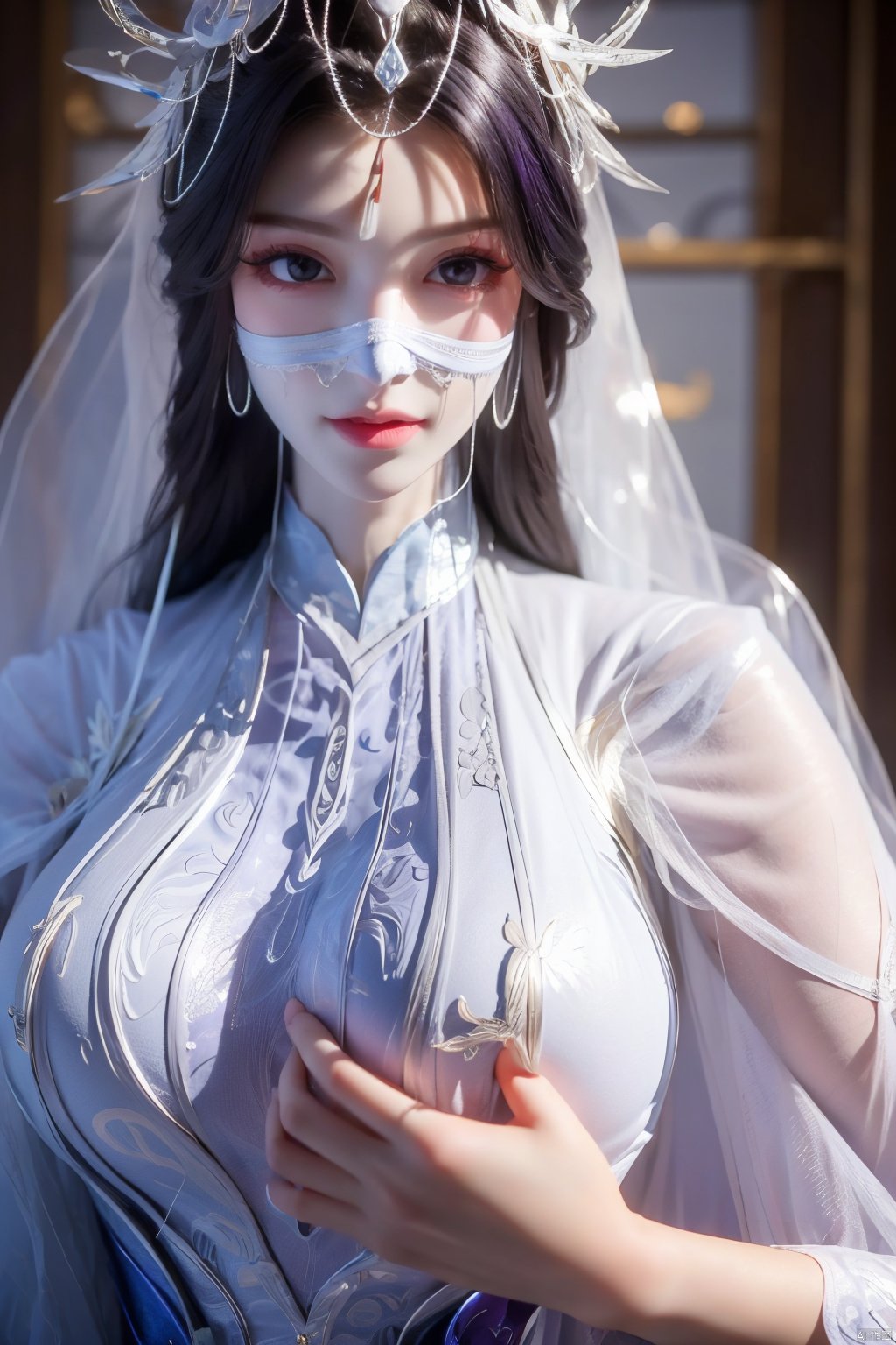 best quality,masterpiece,1girl,solo,long hair,looking at viewer,jewelry,closed mouth,purple eyes,(white Veil:1.23),purple hair,(big breasts:1.399), ziling_xianzi,Xyupopo,X-Hydrangea