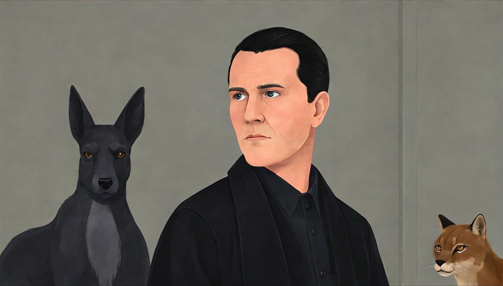 minimalistic modern illustration closeup of Dmitri with a stern expression and slicked-back black hair, wearing a black overcoat, surrounded by ominous shadows and taxidermy animals, with a dark, moody background<lora:EMS-401350-EMS:1.000000>