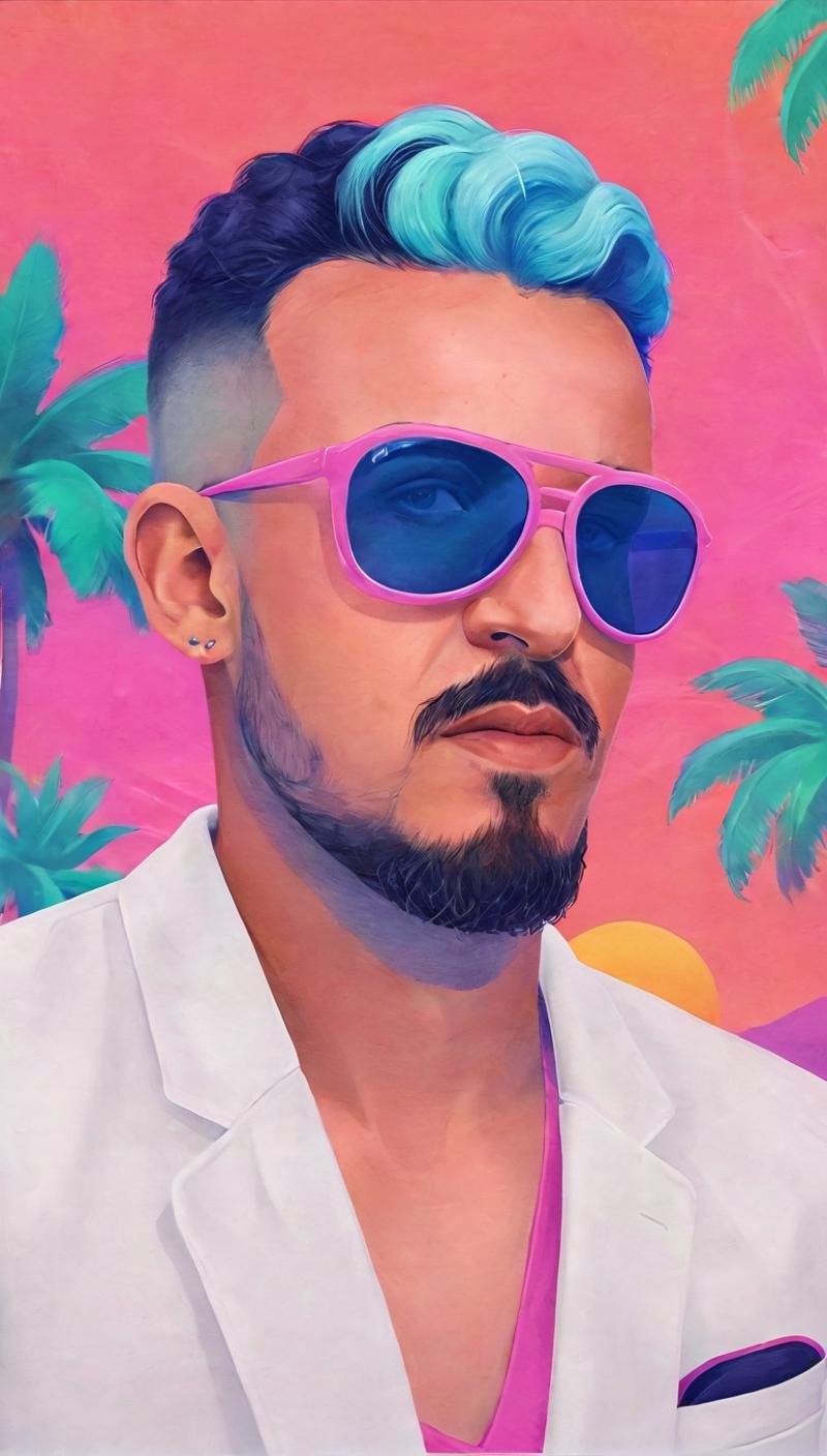 minimalistic modern illustration closeup of a man with retro-futuristic sunglasses and a stoic expression, with pastel pink and blue hair, wearing a white blazer over a neon t-shirt, surrounded by palm trees and geometric shapes, with a vibrant, vaporwave-colored background<lora:EMS-401350-EMS:1.000000>