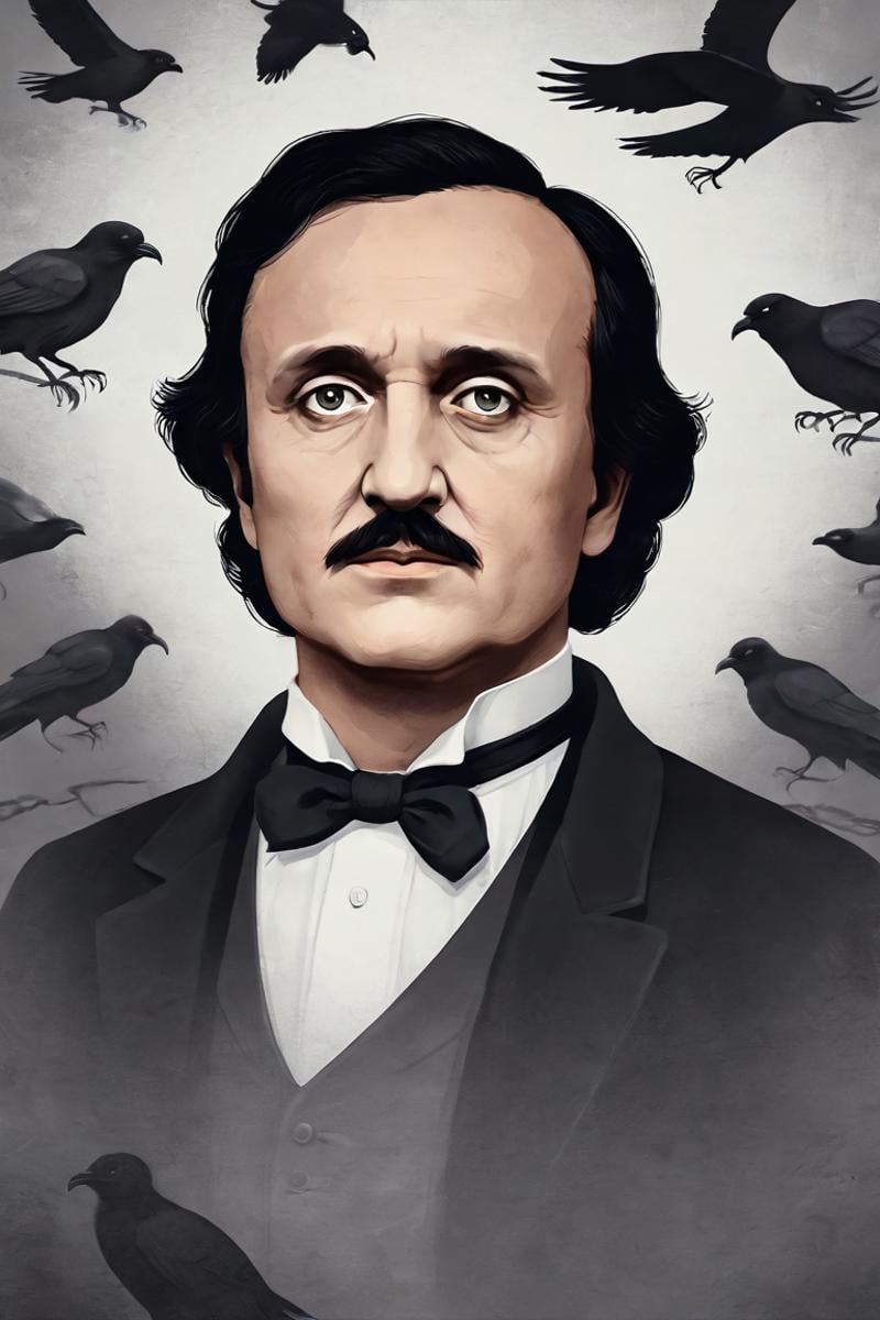 minimalistic modern illustration closeup of Edgar Allan Poe with gaunt features and piercing, haunted eyes, with disheveled black hair, wearing a worn black coat and cravat, surrounded by shadowy ravens, with a dark, cold, gothic background<lora:EMS-401350-EMS:0.800000>