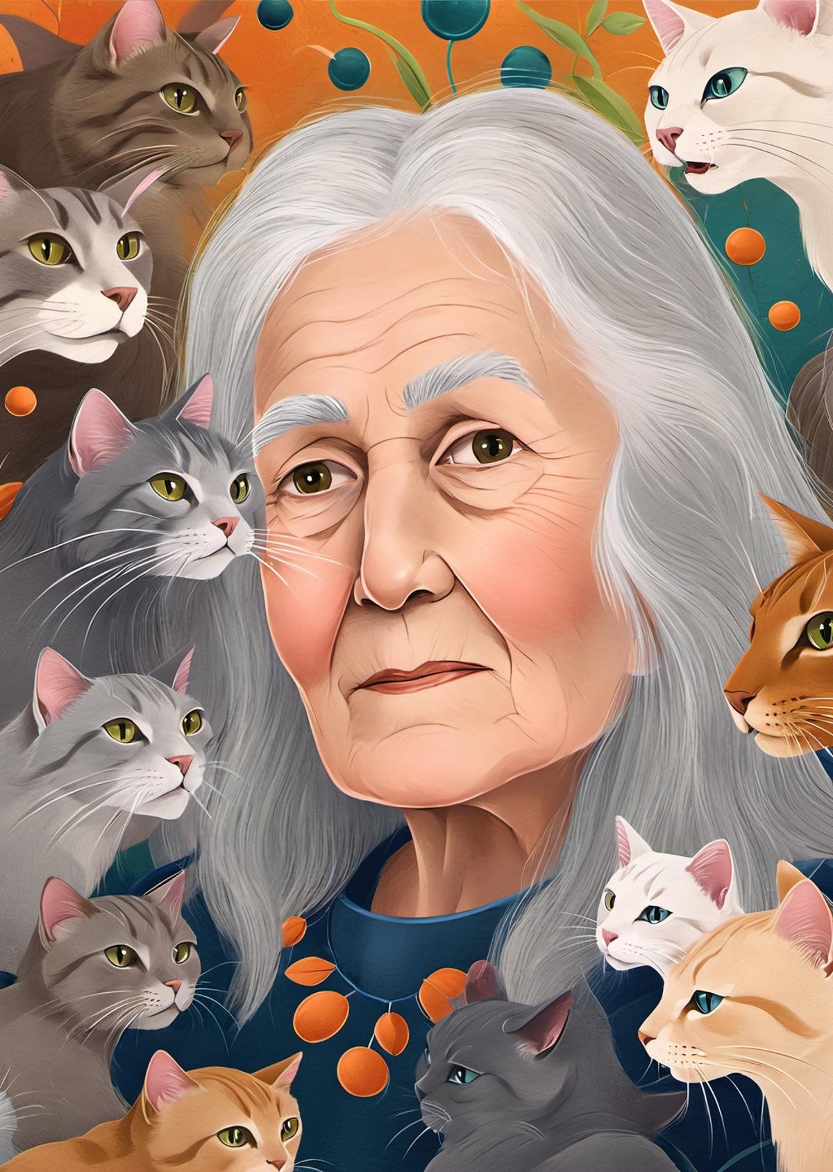 <lora:aether_illustration_test1_SDXL_LoRA_1e-6_70_epochs:1> modern illustration of an old woman with silver hair, surrounded by cats , fantastical, magical, intricate, natural lighting