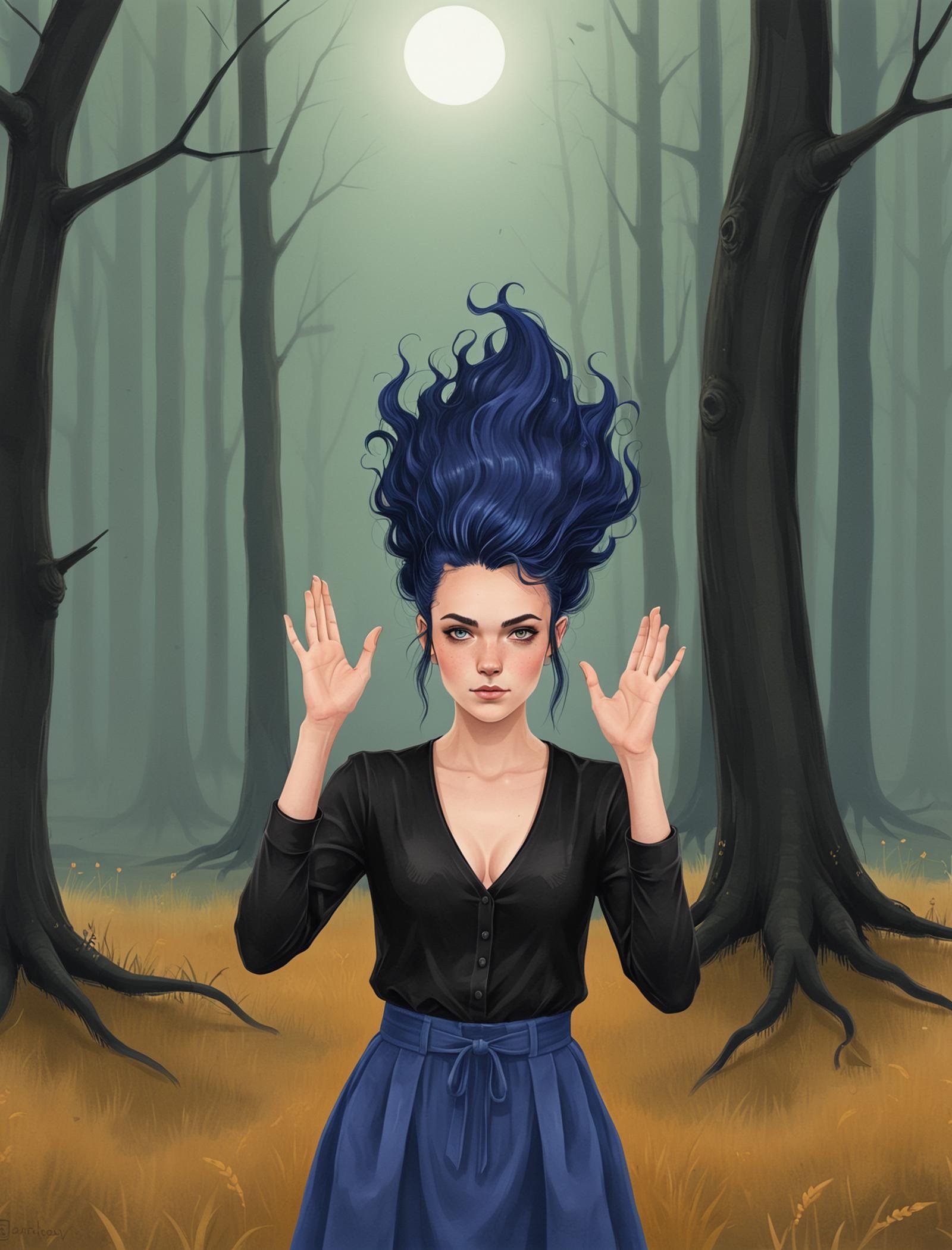 modern illustration of a (brotherhoods:1.4) melancholic excited young woman summoner with indigo hair, witch's woodland<lora:Aether_Illustration_SDXL_LoRA.safetensors:0.7>