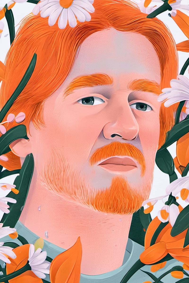 <lora:aether_illustration_test1_SDXL_LoRA_1e-6_70_epochs:1> modern illustration closeup of a white man with orange hair, sad shedding a tear, surrounded by flowers