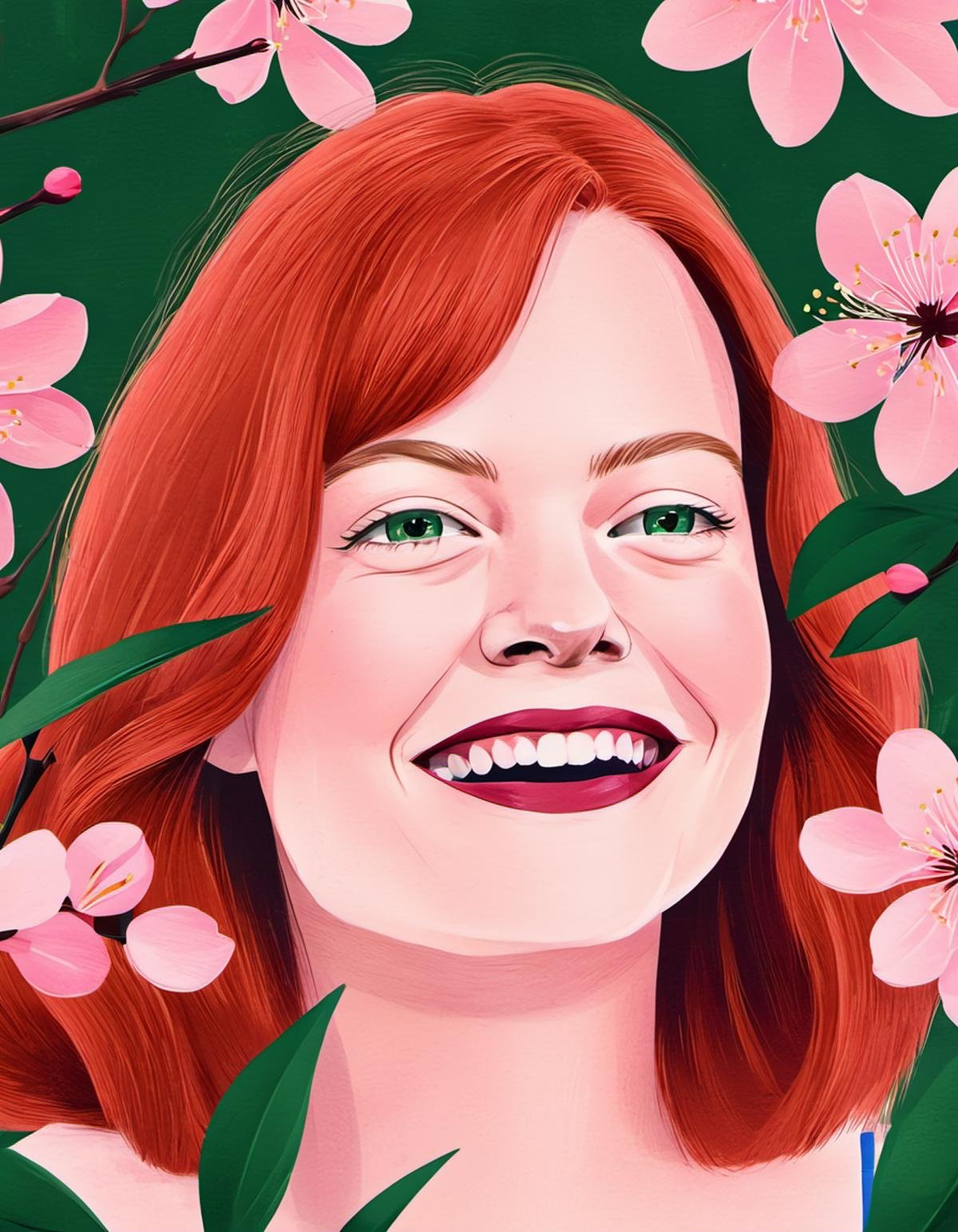 Minimalistic modern illustration closeup of Emma Stone with red hair smiling with teeth, surrounded by soft pink cherry blossoms, with a contrasting dark green background.<lora:EMS-401350-EMS:1.000000>