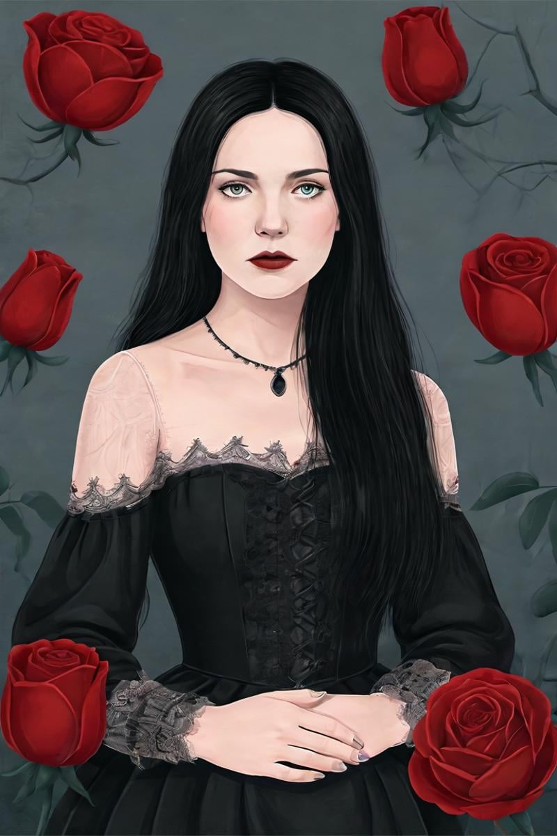 minimalistic modern illustration closeup of a sorrowful woman with pale skin and dark, hollow eyes, with long, flowing black hair, wearing a Victorian lace dress, surrounded by withered roses, with a dark, cold, gothic background<lora:EMS-401350-EMS:0.800000>