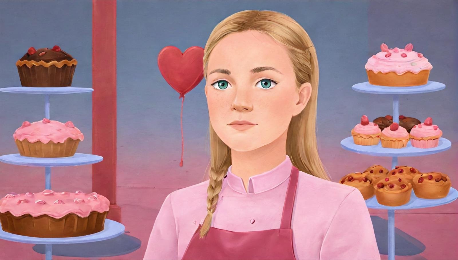 minimalistic modern illustration closeup of Agatha with a heart-shaped birthmark on her cheek and braided blonde hair, wearing a pink pastry chef uniform, surrounded by pastries and cakes, with a warm, pastel background<lora:EMS-401350-EMS:1.000000>