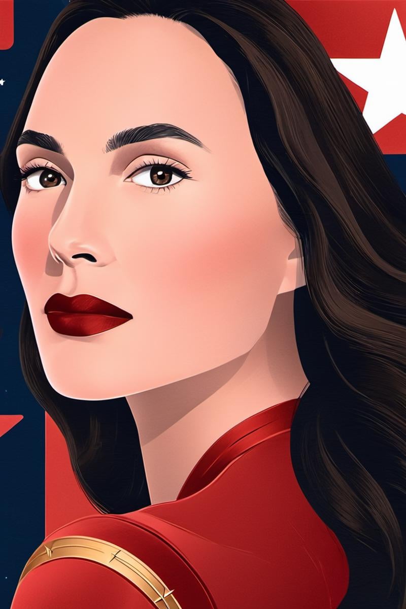 Minimalistic modern illustration closeup of Gal Gadot with long, dark hair and radiant, captivating facial features, wearing a sleek red dress, surrounded by subtle star motifs, with a deep navy blue background.<lora:EMS-401350-EMS:1.000000>