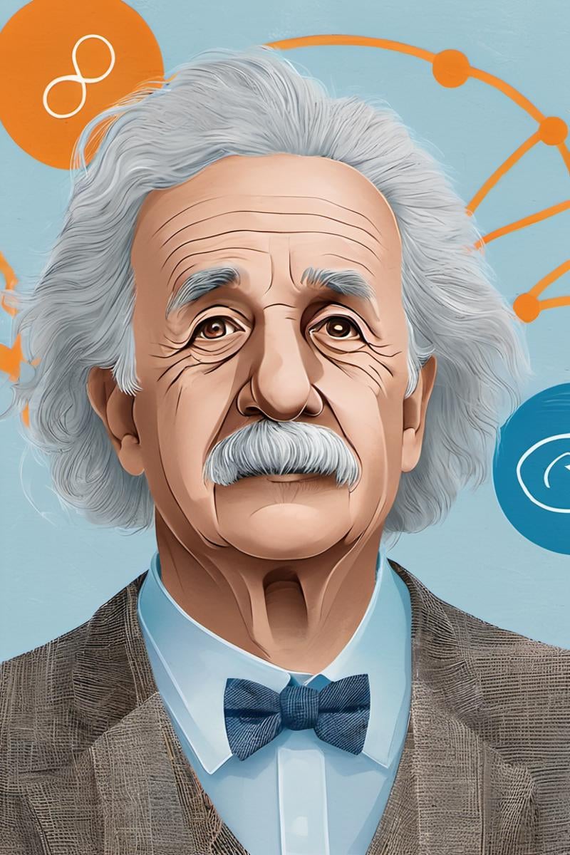 Minimalistic modern illustration closeup of Albert Einstein with wild white hair and expressive, thoughtful facial features, wearing a tweed jacket with a bow tie, surrounded by swirling mathematical equations, with a gradient blue to white background.<lora:EMS-401350-EMS:1.000000>