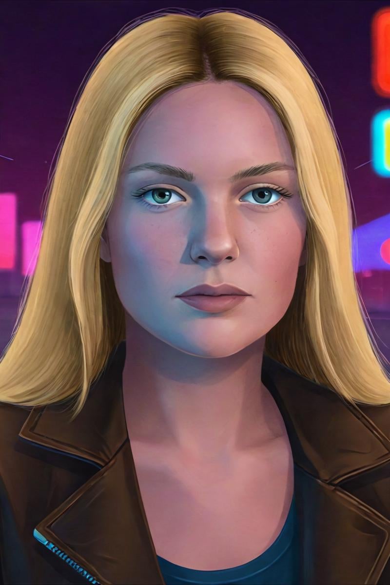 Minimalistic modern illustration closeup of a hot girl with sleek, straight blonde hair and sultry brown eyes, wearing a fitted leather jacket, surrounded by neon city lights, with a dark, moody urban background.<lora:EMS-401350-EMS:1.000000>