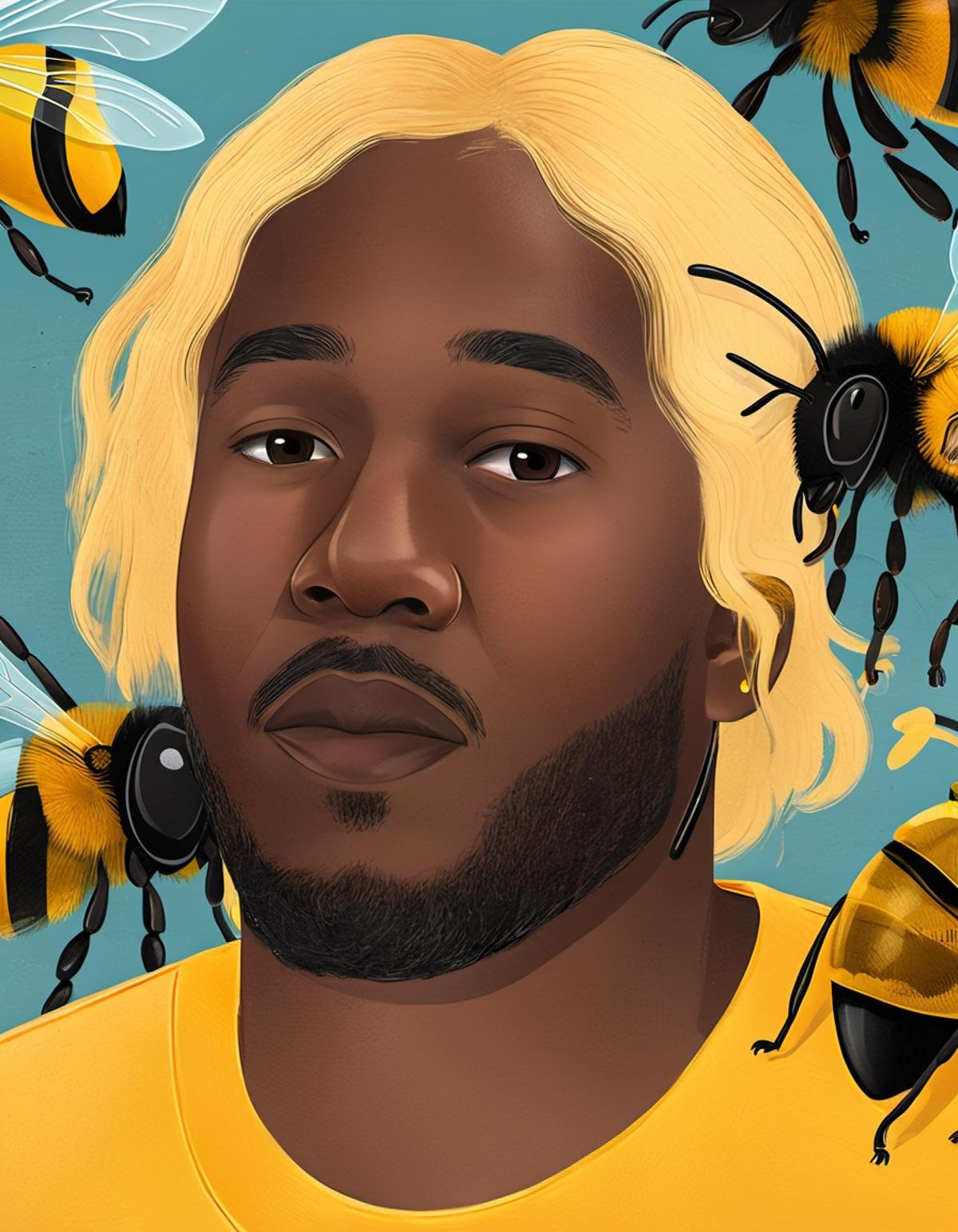 <lora:aether_illustration_test1_SDXL_LoRA_1e-6_70_epochs:1> modern illustration closeup of a black man with yellow hair, surrounded by bees