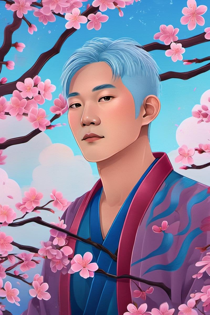<lora:aether_illustration_test1_SDXL_LoRA_1e-6_70_epochs:1> modern illustration of an asian man with blue hair, surrounded by cherry blossoms, fantastical, magical, intricate, natural lighting