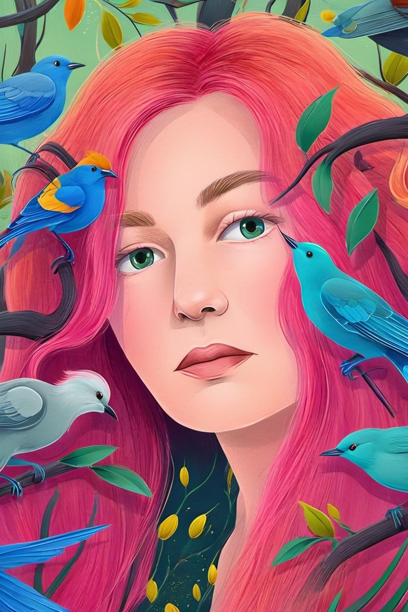 <lora:aether_illustration_test1_SDXL_LoRA_1e-6_70_epochs:1> modern illustration of a woman with colored hair, surrounded by nightingales , fantastical, magical, intricate, natural lighting