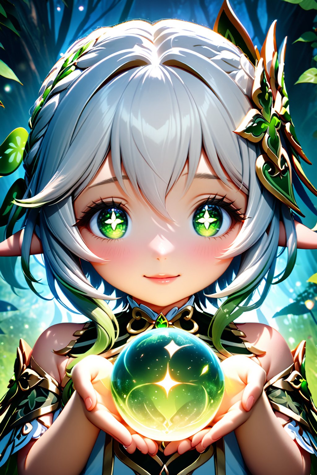 1girl, nahida (genshin impact), medium shot, holding in her hands a sphere of energy created with magic in an enchanted forest at night, around nahida emanates a natural aura of green color, smile, beautiful detailed eyes, beautiful detailed lips, extremely detailed face, longeyelashes, cute expression, mystical atmosphere, fantasy landscape, glowing particles, cinematic lighting, vibrant colors, intricate details, digital art, high quality, 8k, photorealistic