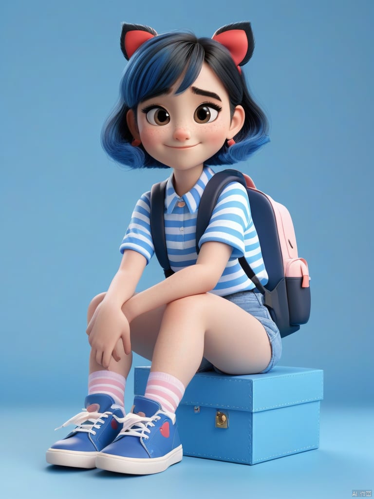 pixar,3d style,toon,masterpiece, best quality, 8K, official art, cute comic, 1girl, cat, shoes, smile, blue footwear, solo, sitting, short hair, socks, blue hair, shirt, cloud, polka dot, looking at viewer, short sleeves, bangs, bow, blue background, striped, blush, blue shirt, bag, heart, hair bow, backpack, animal, shorts, black eyes, black shorts