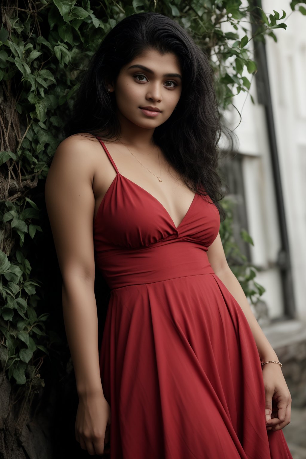 Dark skin:1, brown skin, A dark-skinned cosplayer stands outside on a lush green grass, curvy women, striking a pose in a stunning red gown that flows elegantly around her curves. Her long, curly brown hair, she gazes directly at the viewer with warm, brown eyes. A delicate necklace and bracelet adorn her neck and wrist, respectively, catching the soft outdoor light. The camera captures a blurred background, emphasizing her striking features and the dress's flowing folds as she leans to one side, showcasing her dark skin glowing warmly in the natural light.