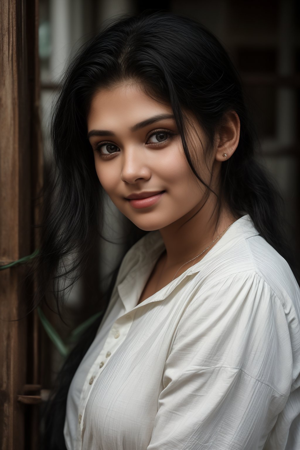 In this 8K masterpiece, a Canon 1DX with a 50 mm f/2.8 lens captures the mesmerizing gaze of a young woman against a neutral indoor backdrop. Her raven-black hair flows like a waterfall down her back, framing her heart-shaped face. A subtle drill pattern adds texture to her locks as she wears a crisp white shirt that accentuates her delicate features. Her bright smile and piercing black eyes meet the viewer's gaze, exuding warmth and charm.