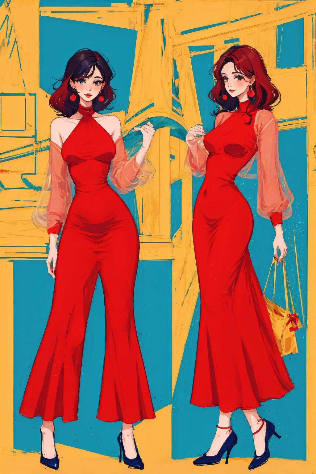 Beautiful woman with red dress, Flat color cartoon,