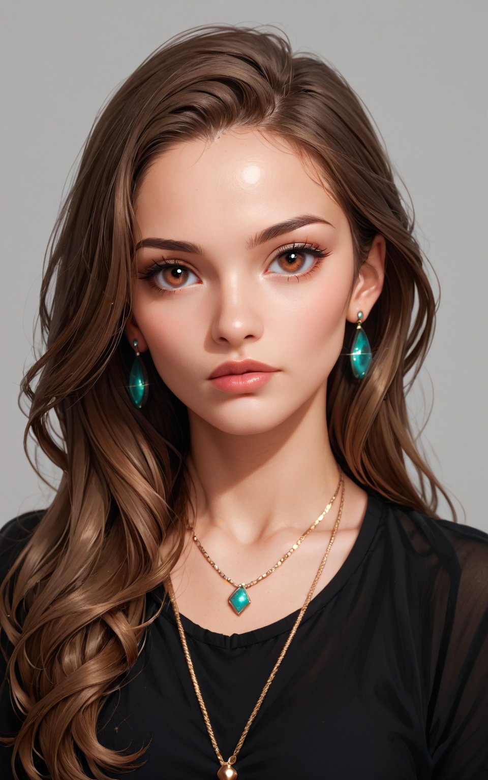 score_9,score_8_up,score_7_up, 1girl,long hair,looking at viewer,simple background,brown hair,shirt,brown eyes,jewelry,aqua_earrings,grey background,necklace,lips,portrait,forehead