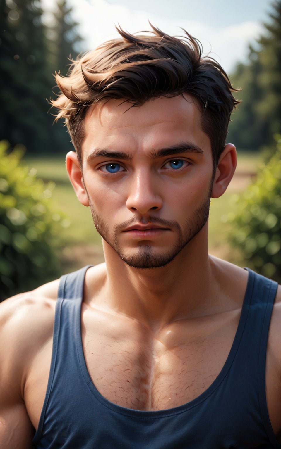 score_9,score_8_up,score_7_up, looking at viewer,short hair,blue eyes,shirt,black hair,1boy,closed mouth,male focus,outdoors,day,blurry background,facial hair,tank top,blue shirt,portrait