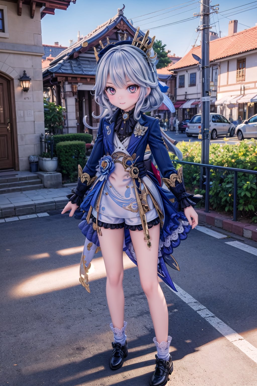 (full body view of Furina), cheeky and sweet, stands in the beautiful city of Fontaine in Genshin Impact, 1girl, solo_female, show me your original Furina Style, beautiful 25 years old girl, show me your original Furina eyes, show me your original headgear, show me your divine eye,