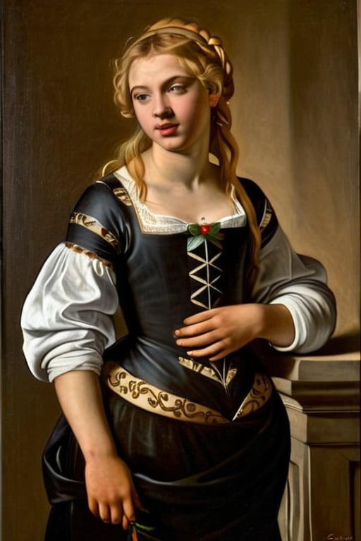 A 22-year-old blonde girl stands in a formal portrait by Caravaggio. She wears a ornately decorated baroque dress from 1600, that accentuates her slender figure, her hair is ornately arranged. She stand confidently in a straightforward pose, her features illuminated by soft, natural light. Oil on canvas by Caravaggio ca 1600.,taylorswift,Caravaggio ,TaylorSwift