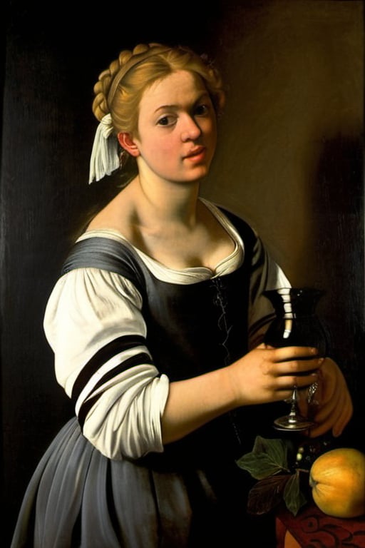 A 22-year-old blonde girl stands in a formal portrait by Caravaggio. She wears a ornately decorated baroque dress from 1600, that accentuates her slender figure, her hair is ornately arranged. She stand confidently in a straightforward pose, her features illuminated by soft, natural light. Oil on canvas by Caravaggio ca 1600.,taylorswift,Caravaggio ,TaylorSwift,Baroque Painting 