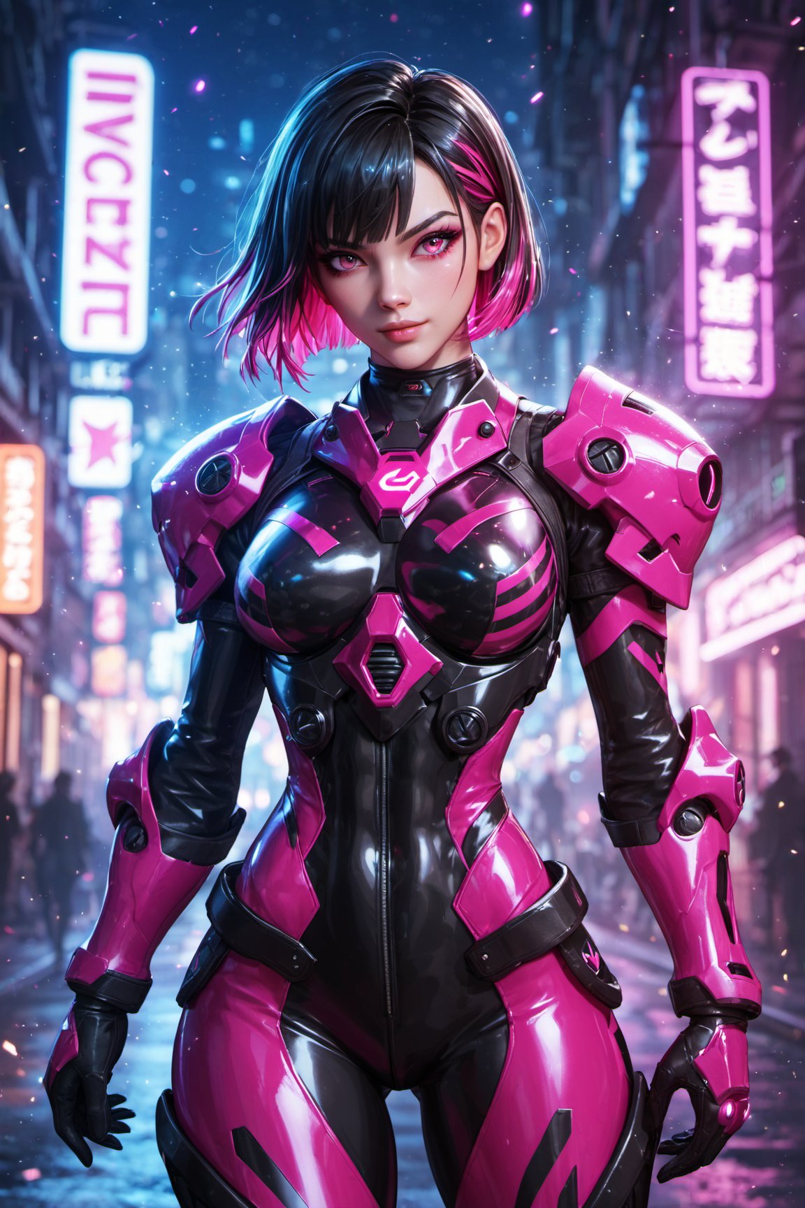 score_9, score_8_up, score_7_up,score_6_up, high resolution, BREAK 1girl, solo, game character, two-tone hair, short hair, neon hair, pink eyes, black hair, black battle suit, Armor, glowing led, looking at viewer, neon lights, city, light particles, night, small jawline, cowboy shot, front view,