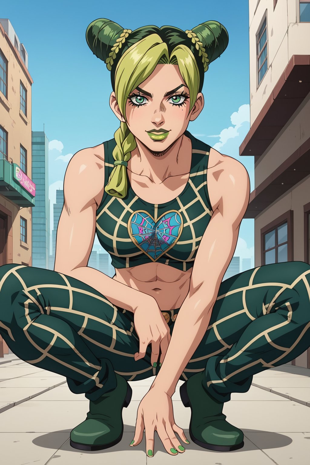 score_9, score_8_up, score_7_up, source_anime, anime screencap,1girl, kujo jolyne, jojo, green eyes, two-tone hair, green hair, blonde hair, double bun, cone hair bun, braided ponytail, green lips, lipstick, make up, spider web print, midriff, pants, looking at viewer, smiling, squatting, city