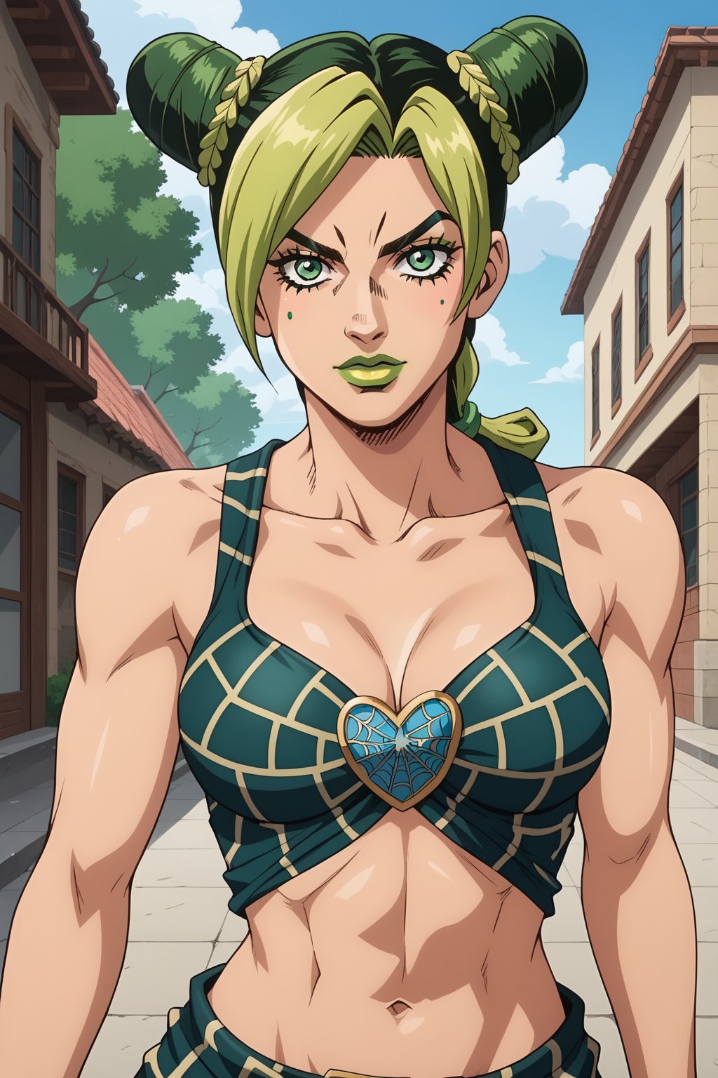 score_9, score_8_up, score_7_up, source_anime, anime screencap,1girl, kujo jolyne, jojo, green eyes, two-tone hair, green hair, blonde hair, double bun, cone hair bun, braided ponytail, green lips, lipstick, make up, spider web print, midriff, looking at viewer, outdoors