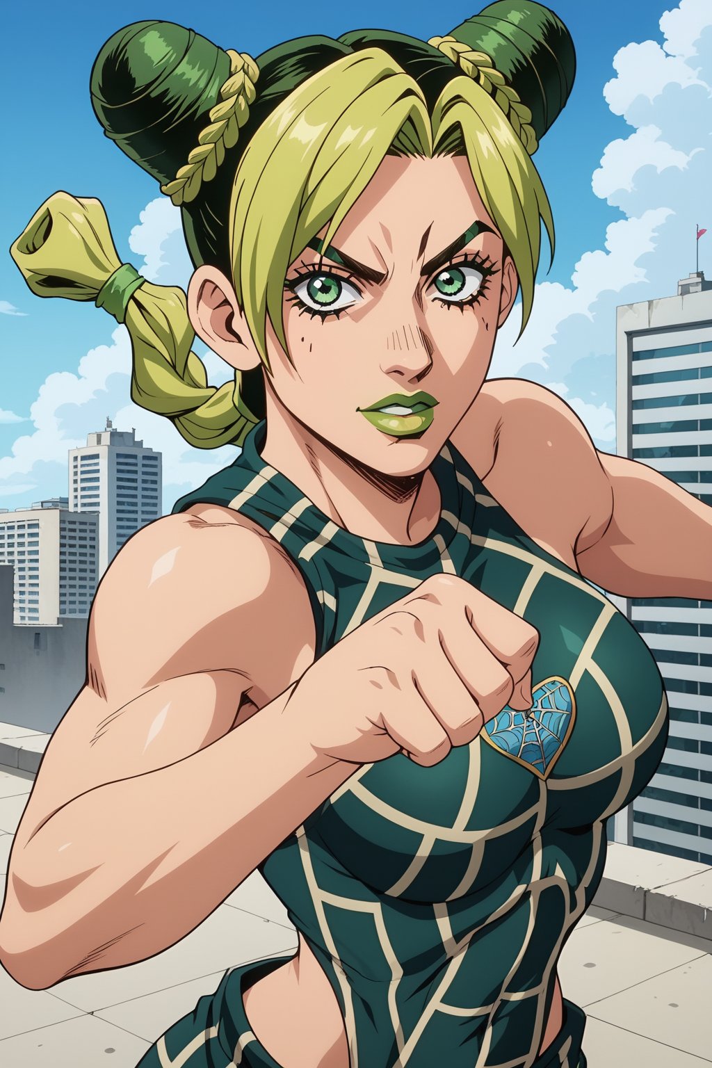 score_9, score_8_up, score_7_up, source_anime, anime screencap,1girl, kujo jolyne, jojo, green eyes, two-tone hair, green hair, blonde hair, double bun, cone hair bun, braided ponytail, green lips, lipstick, make up, spider web print, midriff, looking at viewer, punching, city