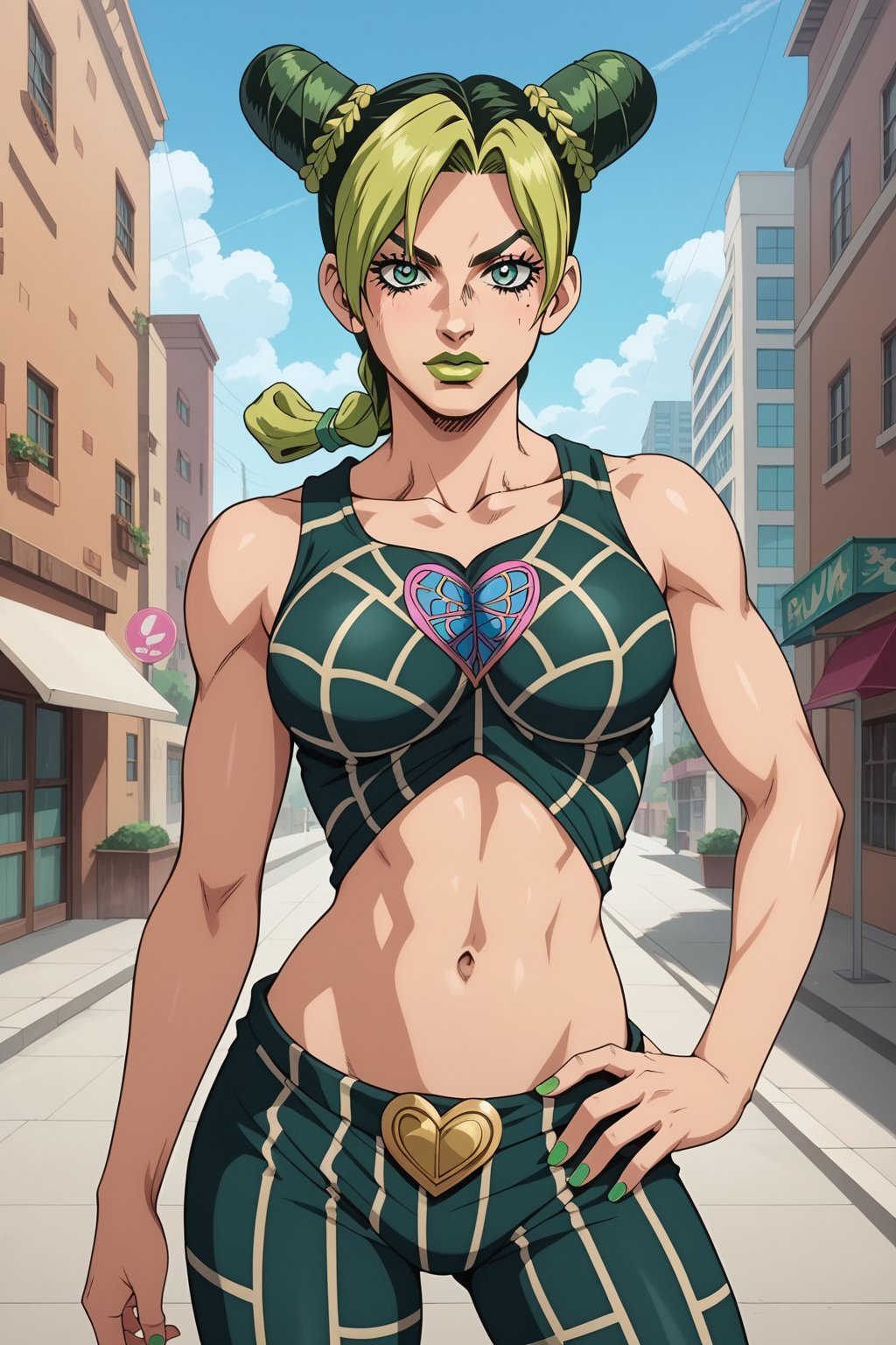 score_9, score_8_up, score_7_up, source_anime, anime screencap,1girl, kujo jolyne, jojo, green eyes, two-tone hair, green hair, blonde hair, double bun, cone hair bun, braided ponytail, green lips, lipstick, make up, spider web print, midriff, looking at viewer, city