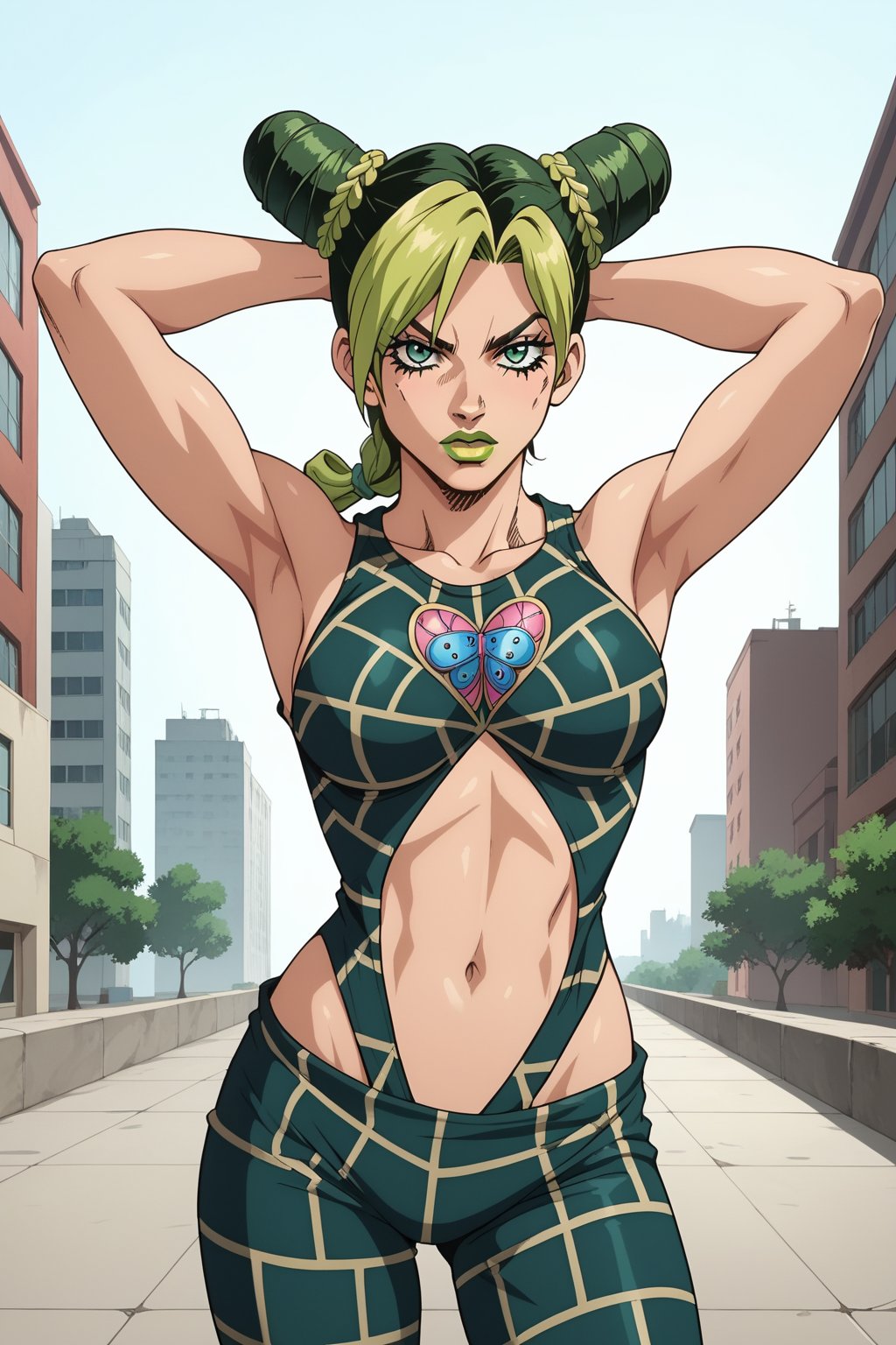 score_9, score_8_up, score_7_up, source_anime, anime screencap,1girl, kujo jolyne, jojo, green eyes, two-tone hair, green hair, blonde hair, double bun, cone hair bun, braided ponytail, green lips, lipstick, make up, spider web print, midriff, looking at viewer, arms above head, city