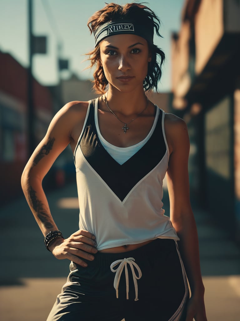 Close up, analog photo of a female Inprdm bboy, posing with a graceful stance. She is wearing a stylish velez sarsfield outfit that includes a vlzblnc tank top,  pants, and a headpiece. The background is a dimly lit urban environment, Hasselblad medium format camera, Helios 44-2 58mm F2 lens, realistic, textured skin, cinematic backlit lighting, dramatic effect, sharp focus on clothing, soft shadows on skin,vlzblnc