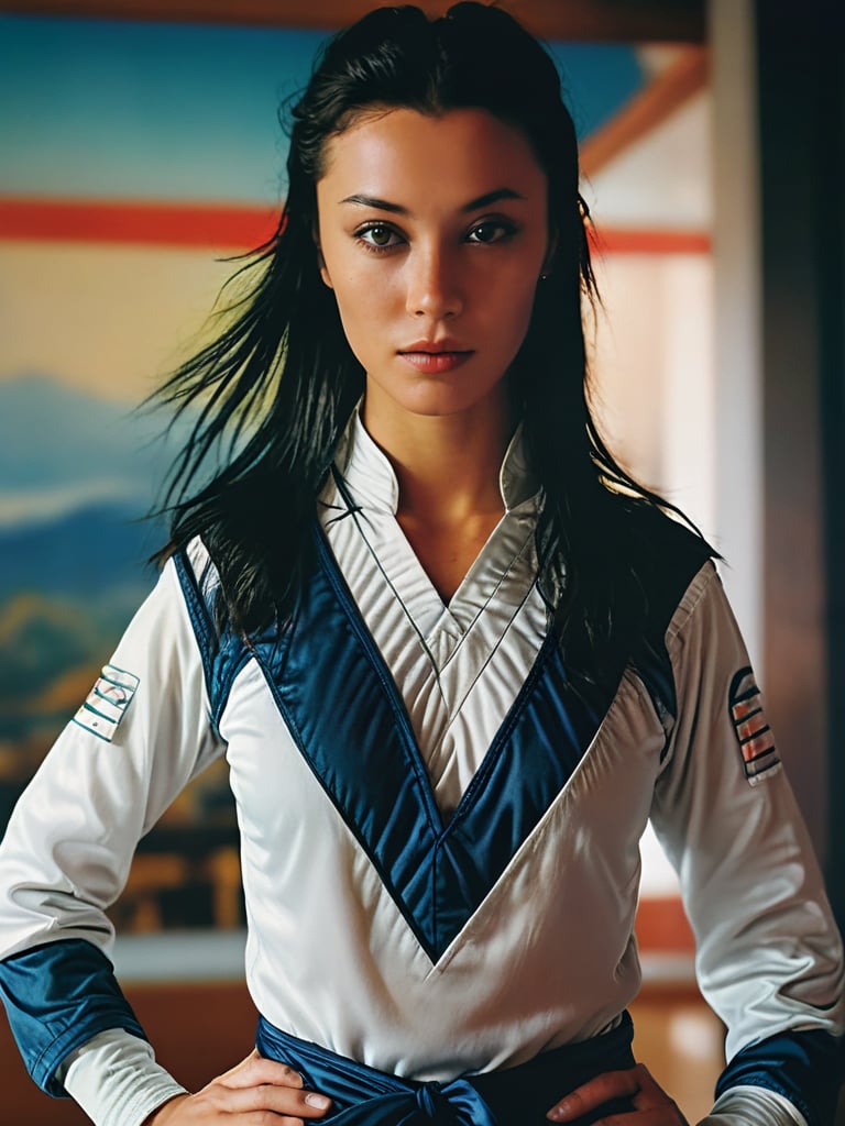 Extremely Realistic Inprdm wearing a vlzblnc kung fu outfit, photo of a female model in modern room, detailed face, surreal cinematic perspective, photo taken with analog film, hyperrealism photoshoot, Vélez Sarsfield uniform ,vlzblnc,Inprdm,