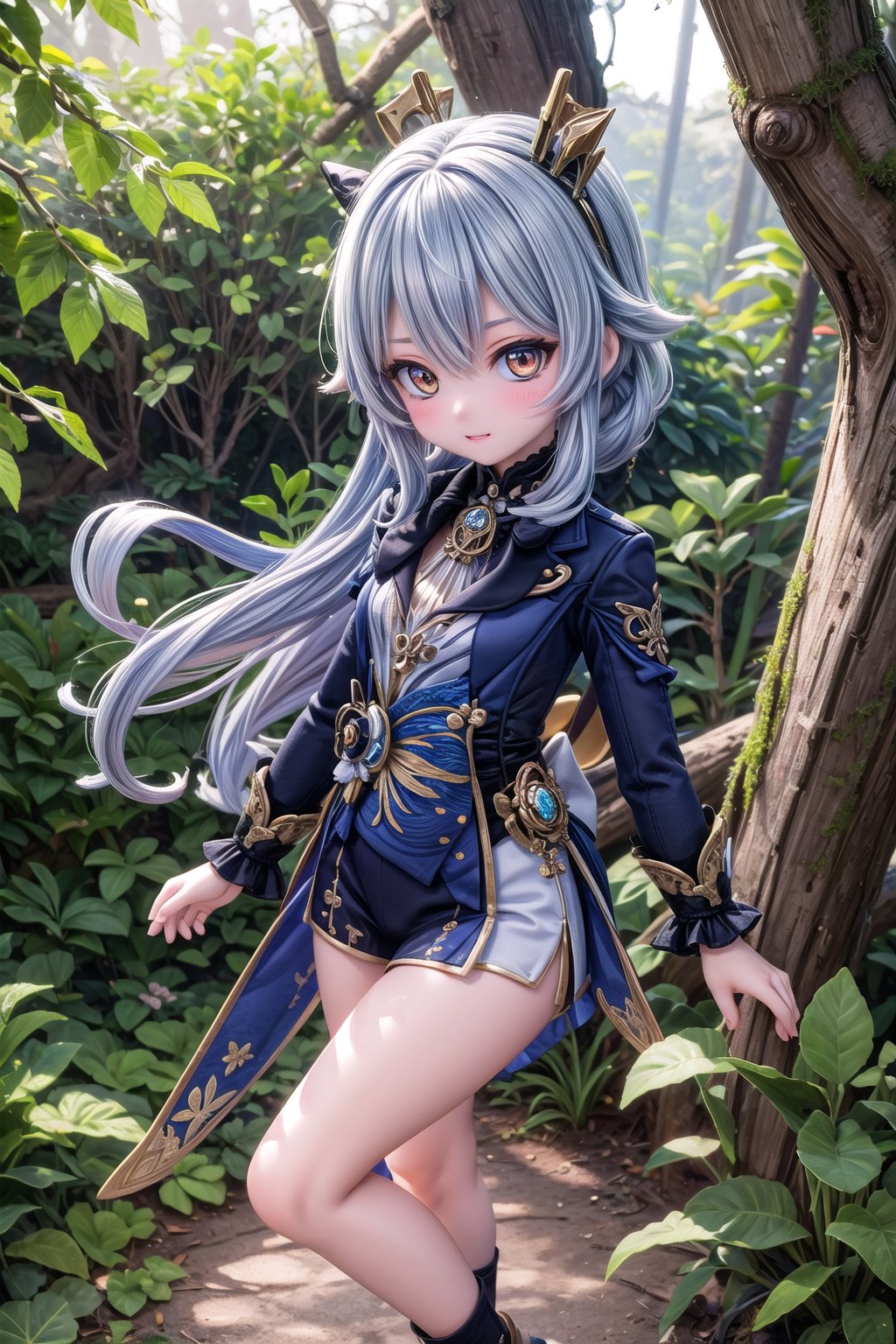 (full body view of Furina), cheeky and sweet, stands in the middle of the forest in Genshin Impact, 1girl, solo_female, show me your original Furina Style, beautiful 25 years old girl, show me your original Furina eyes, show me your original headgear, show me your divine eye,Furina